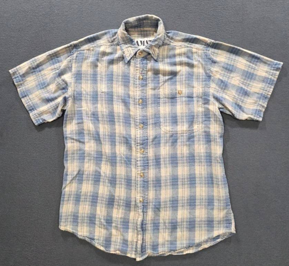 Amati 100% Silk Short Sleeve button down Plaid Shirt Blue Medium A008764